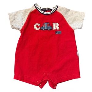 Carter's Red Romper with Gray Short Sleeves and Car Applique (3M)